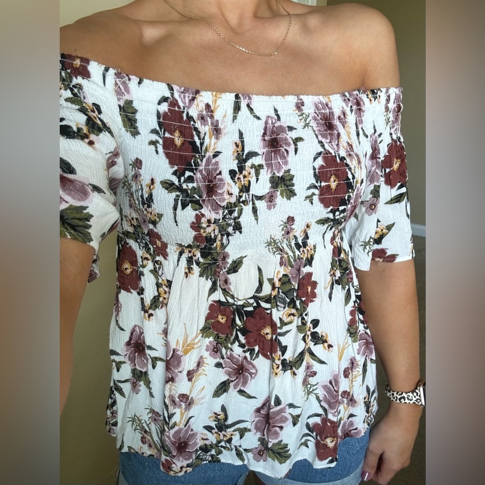 Floral off-the-shoulder flowy smocked blouse